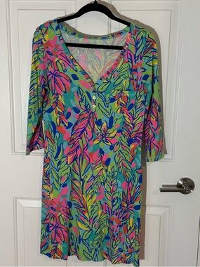 Lilly Pulitzer Teal Multi Floral V-Neck Swim Coverup